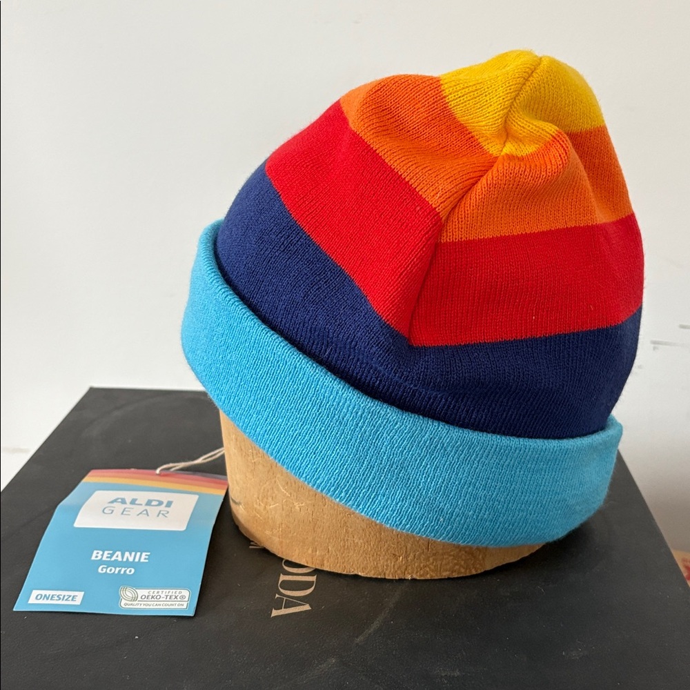 Aldi Colorful Striped Beanie Blue Red Orange Yellow Oeko-Tex OSFM New!